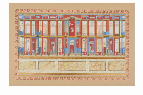Coppia di tempere su carta raffiguranti architetture pompeiane, XIX secolo
