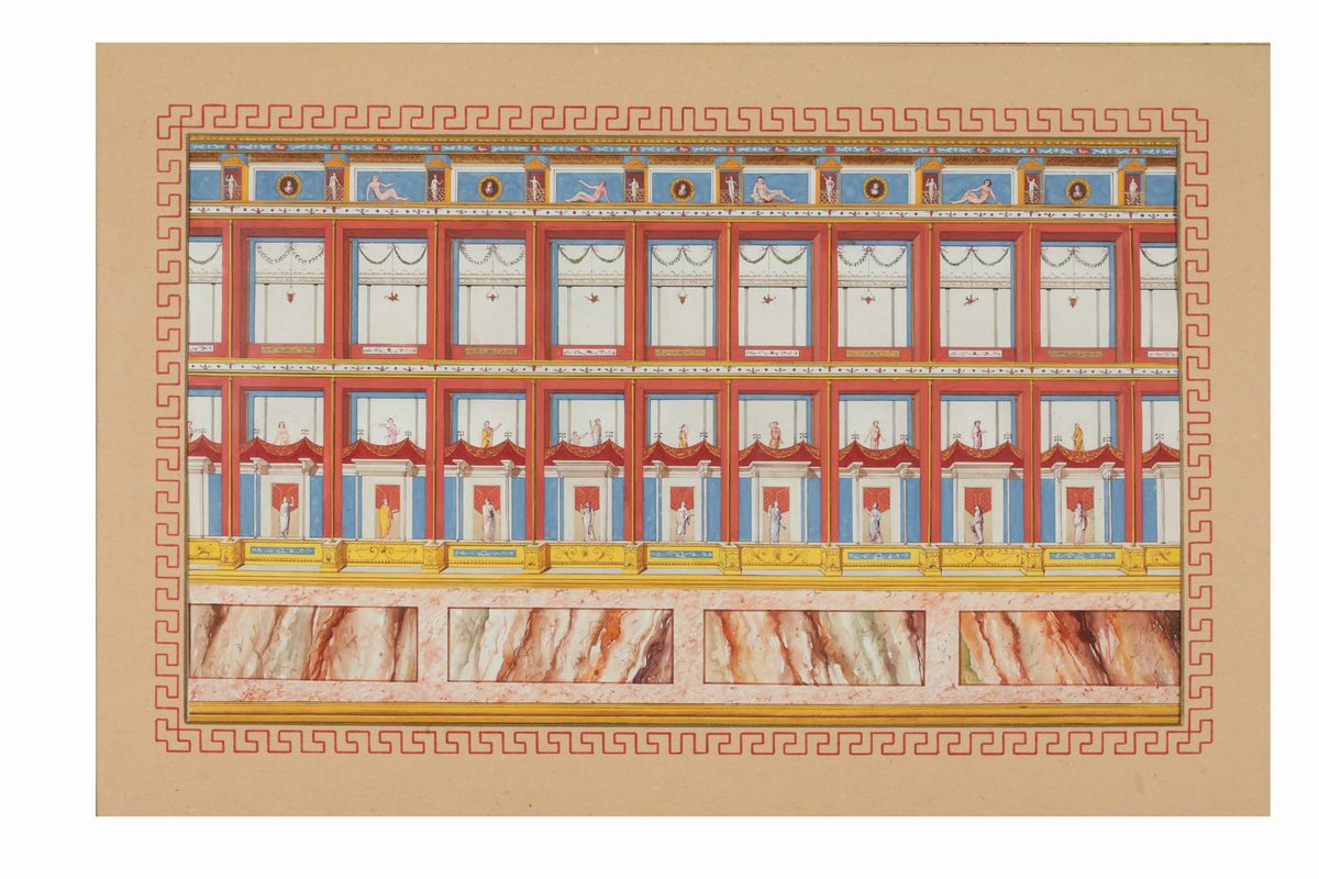 Coppia di Tempere su Carta Raffiguranti Architetture Pompeiane, XIX Secolo