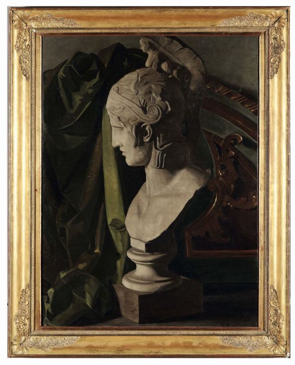 A. Montevechi (XIX-XX secolo) Natura morta con busto di Minerva