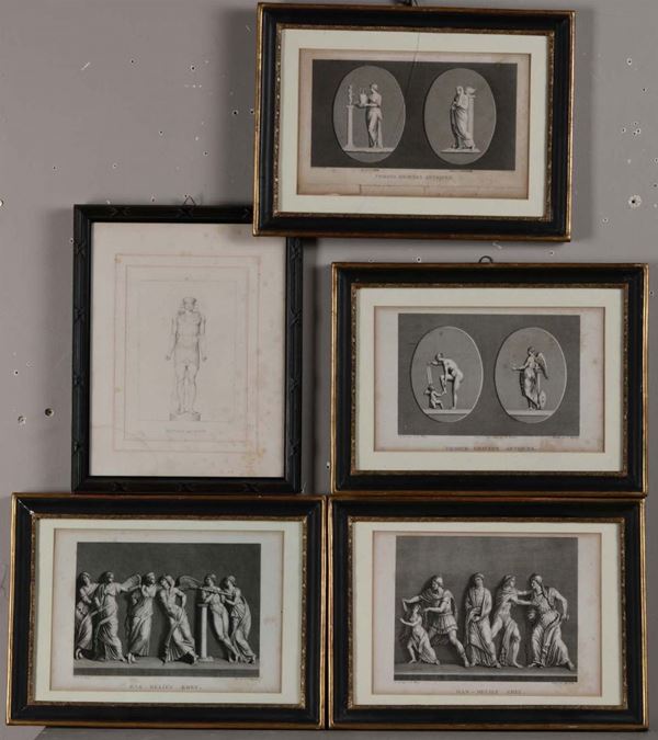 Lotto di quattro incisioni a motivo neoclassico, XIX secolo