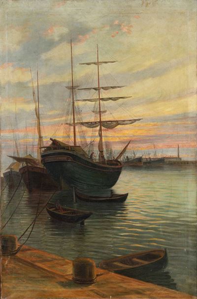 Pittore del XIX Secoloporto con Veliero
