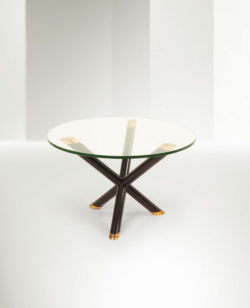 Pietro Chiesa, a table with lacquered wood stands and coppered metal details. Thick cut glass top. Fontana Arte Prod., Italy, 1938  - Auction Fine Design - Cambi Casa d'Aste