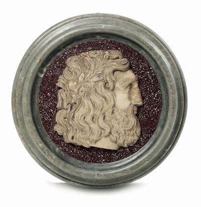 Bassorilievo in Marmo Bianco su Porfido Raffigurante Profilo Maschile Barbuto, XIX-XX Secolo