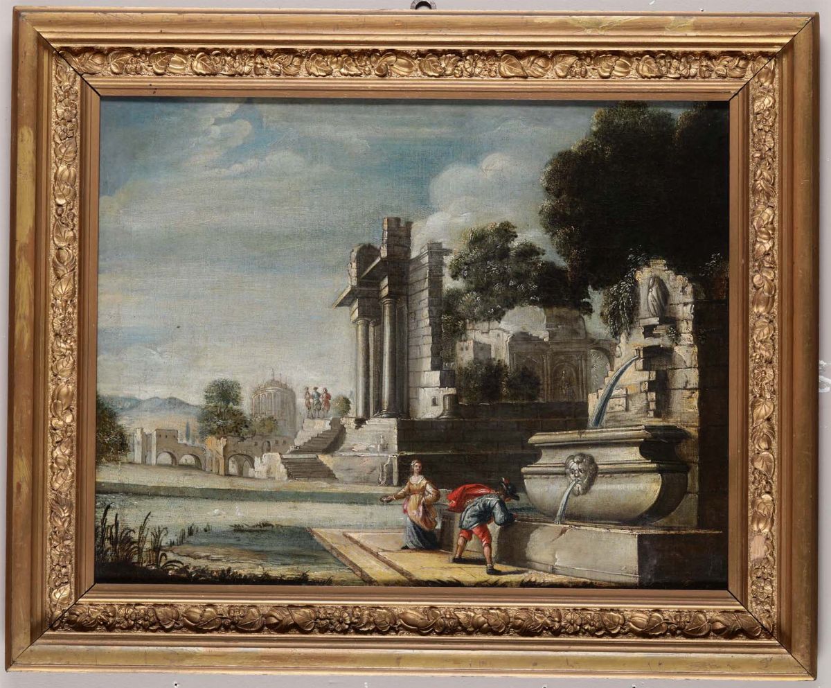 Scuola del XVIII Secolopaesaggio con Architetture e Coppia di Giovani Presso una Fontana