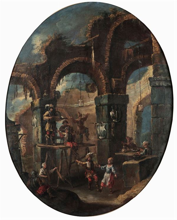 Scuola lombarda del XVIII secolo Scena di genere con rovine e personaggi