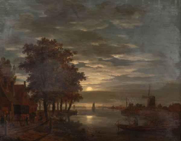 Jacobus Theodorus Abels (1803 - 1866) Veduta di fiume al chiaro di luna
