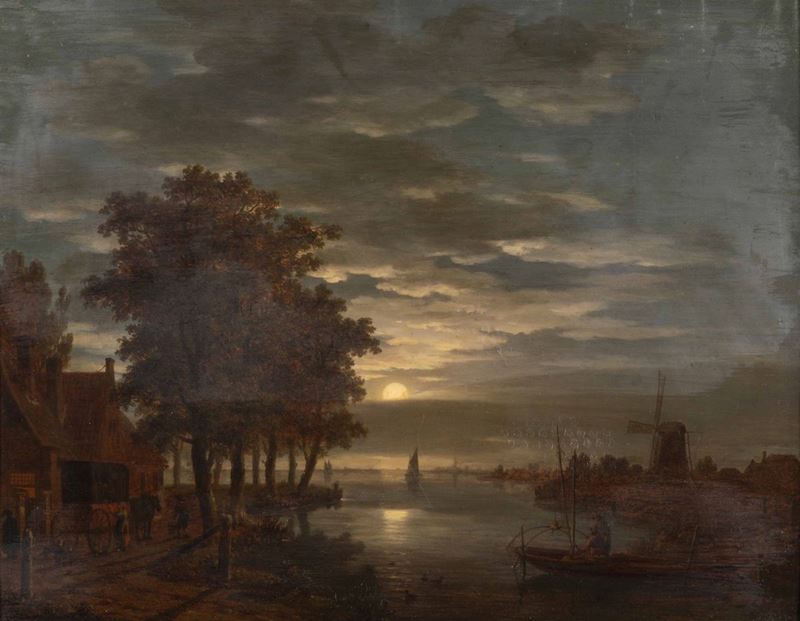 Jacobus Theodorus Abels (1803 - 1866) Veduta di fiume al chiaro di luna  - Asta Dipinti del XIX e XX secolo - Cambi Casa d'Aste