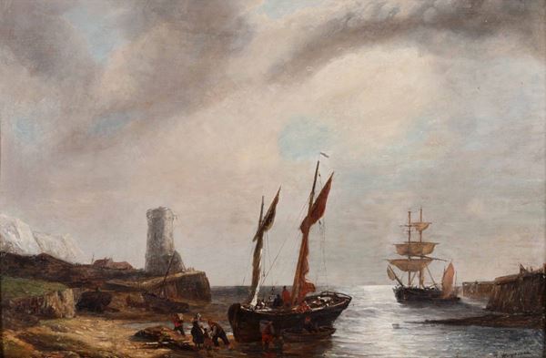 Albertus Hendrikus Huysmann (1821 - 1903) Veduta costiera con barche e pescatori