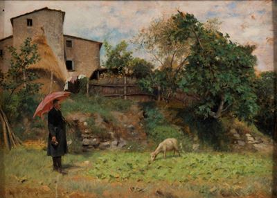 Luigi Bechi (firenze 1830-1919)uomo con Ombrello Rosso