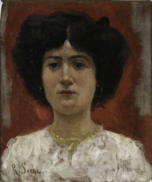 Raffaello Sorbi (1844-1931) Ritratto di signora su fondo rosso