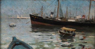 Cesare Ciani (firenze 1854-1925)barche nel Porto di Livorno