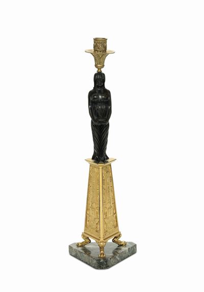 Candeliere in Stile Retour D'egypte in Bronzo Dorato e a Patina Scura, XIX-XX Secolo
