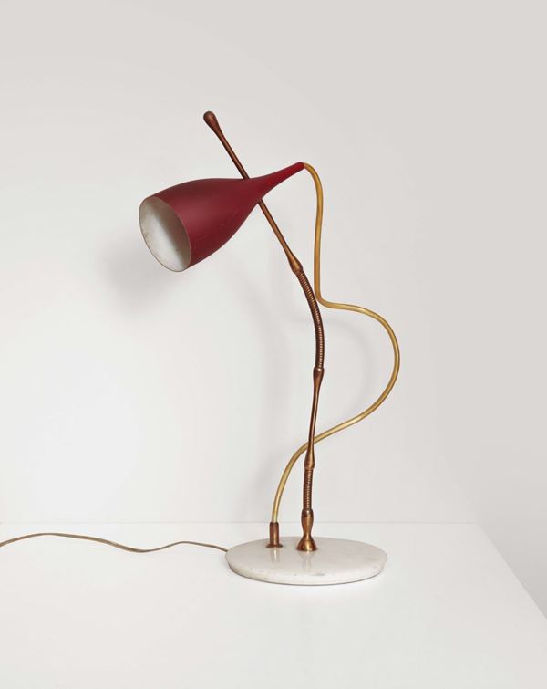 Angelo Lelii, a mod. 12353 Lucinella table lamp with a brass structure, marble base and lacquered aluminum diffuser. Arredoluce Prod., Italy, 1950 ca.