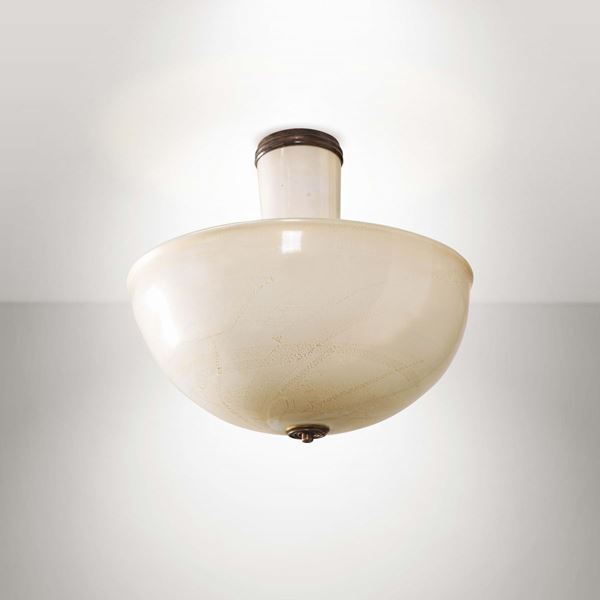 Tomaso Buzzi, a gold-leafed milk glass ceiling lamp. Brass structure. Venini Prod., Italy, 1931