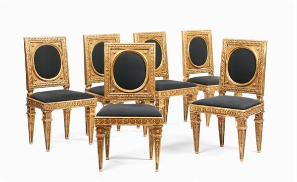 Sei sedie di modello neoclassico in legno intagliato e dorato, XVIII-XIX secolo