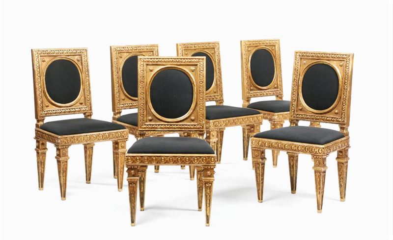 Sei sedie di modello neoclassico in legno intagliato e dorato, XVIII-XIX secolo  - Asta Antiquariato - I - Cambi Casa d'Aste