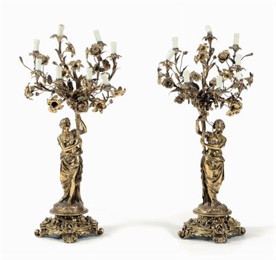 Coppia di Candelabri a Otto Luci in Bronzo Dorato, XIX-XX Secolo