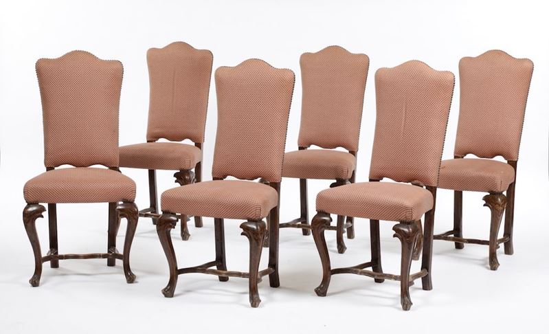 Sei sedie di forma Luigi XV in legno intagliato, seconda metà XVIII secolo  - Auction Furniture | Cambi Time - Cambi Casa d'Aste