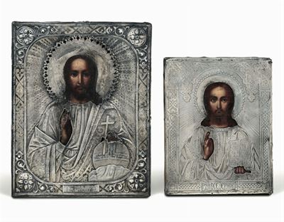 Due Icone Raffiguranti Cristo Pantocratore con Riza in Argento. una Mosca 1872, Saggiatore Victor...