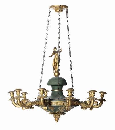 Lampadario a Dodici Luci in Legno Intagliato, Laccato e Dorato, XIX Secolo