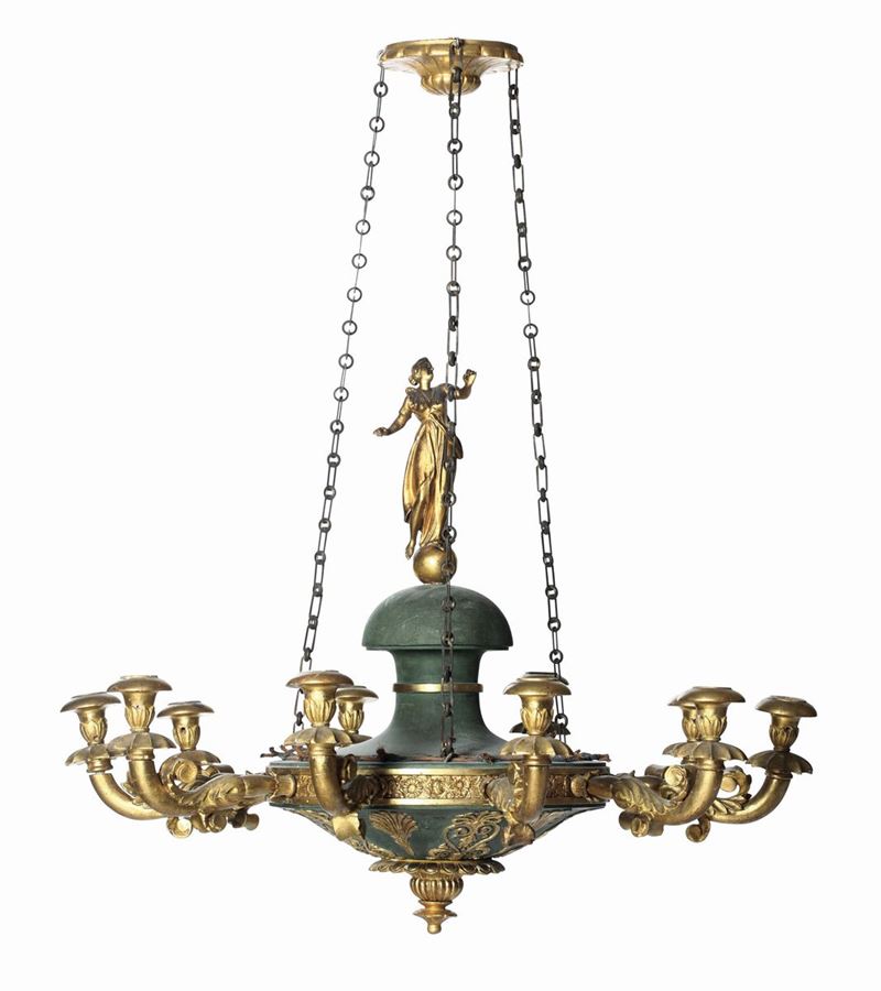 Lampadario a dodici luci in legno intagliato, laccato e dorato, XIX secolo  - Asta Importanti Opere e Arredi - Cambi Casa d'Aste