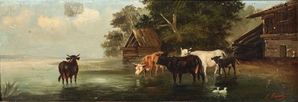 Michelangelo Meucci (1840-1909) Scena campestre con mucche