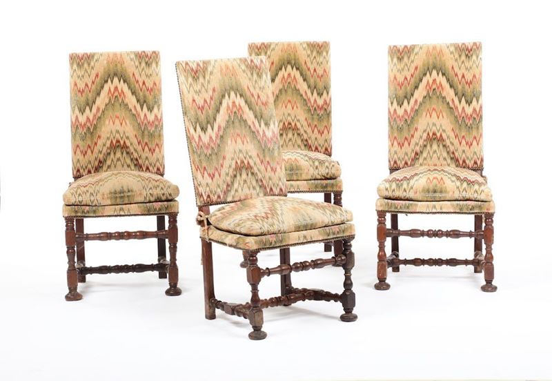 Quattro sedie a rocchetto in noce, XVIII secolo  - Auction Fine Art - I - Cambi Casa d'Aste