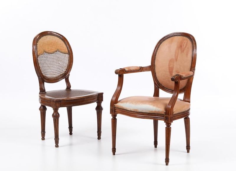 Poltrona e sedia in stile Luigi XVI, XVIII-XIX secolo  - Asta Asta a Tempo Arredi e Antiquariato - V - Cambi Casa d'Aste