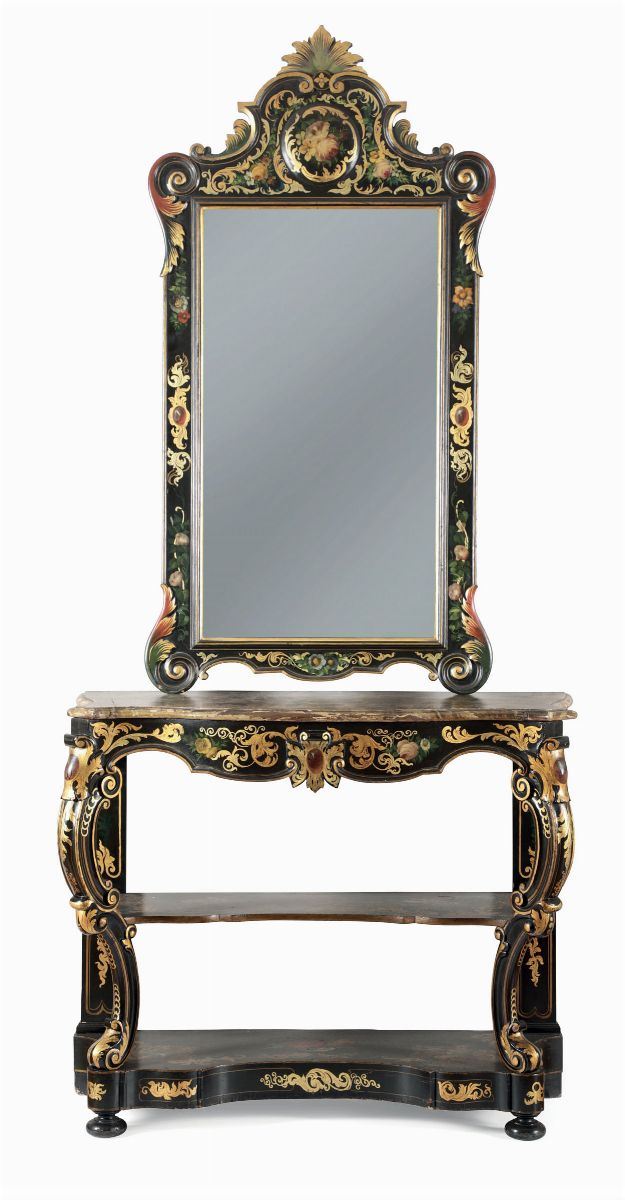 Consolle con specchiera in legno ebanizzato e dipinto, seconda metà XIX secolo  - Asta Antiquariato - I - Cambi Casa d'Aste