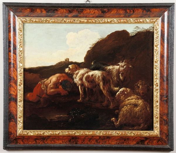 Philipp Peter Roos, detto Rosa da Tivoli (Francoforte sul Meno 1655 - Tivoli 1706) Paesaggio con pastore ed animali