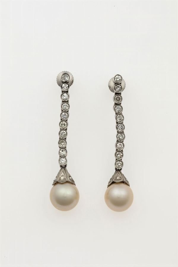 Pair of pearl, diamond and platinum pendent earrings