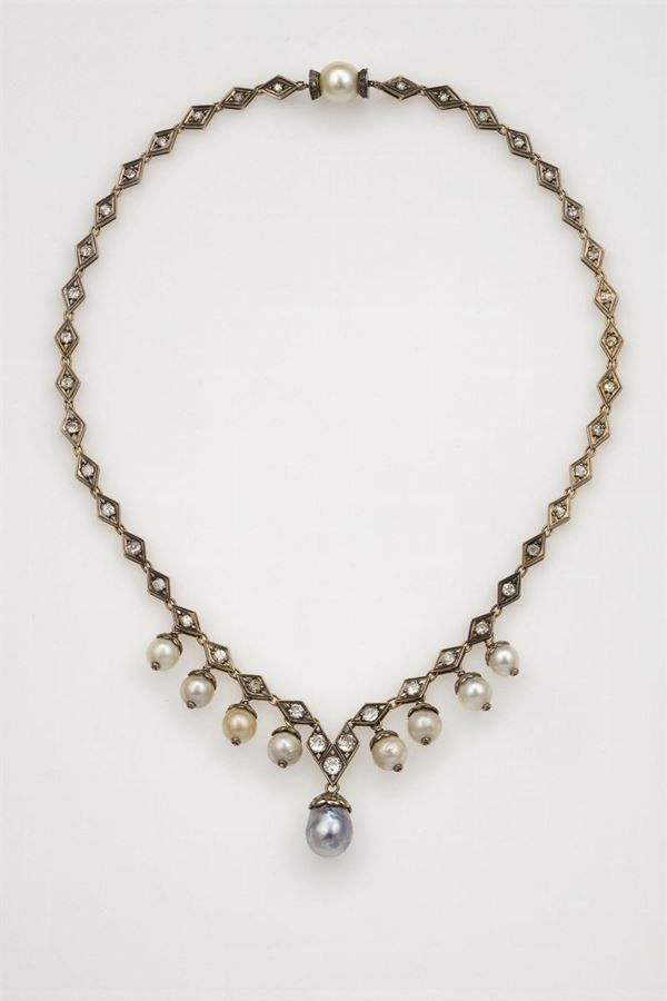 Pearl, diamond, gold and silver necklace