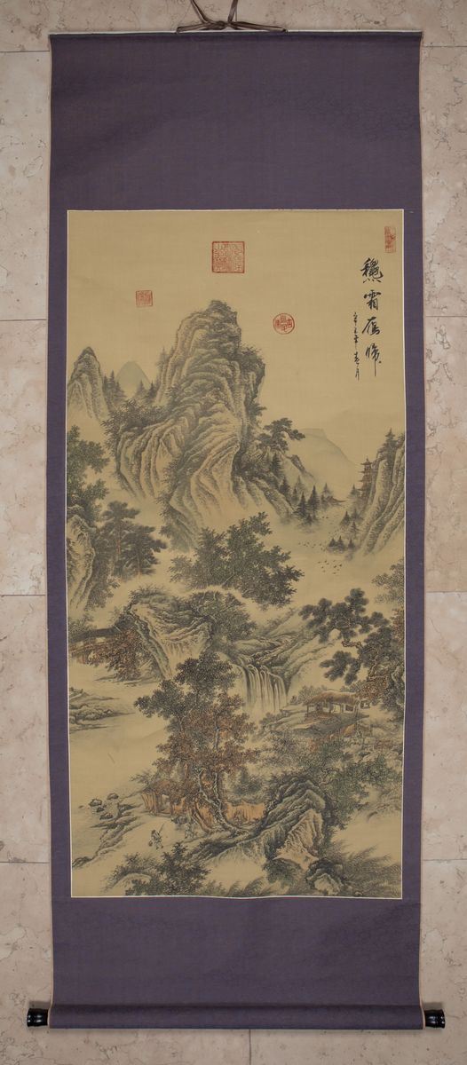 Dipinto su seta raffigurante paesaggio con iscrizione, Cina, XX secolo