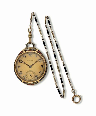 Movado, No. 0636932. Orologio da Tasca in Oro Giallo 18k e Smalti con Motivi Floreali. Accompagna...