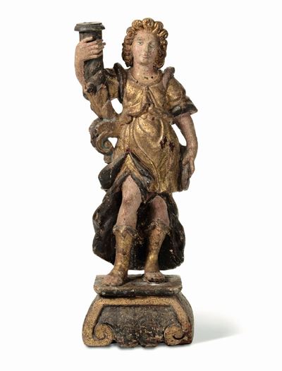 Angelo Reggitorcia in Legno Dipinto e Dorato. Scultore Italiano del XVII Secolo