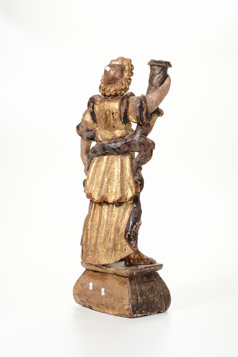 Angelo Reggitorcia in Legno Dipinto e Dorato. Scultore Italiano del XVII Secolo