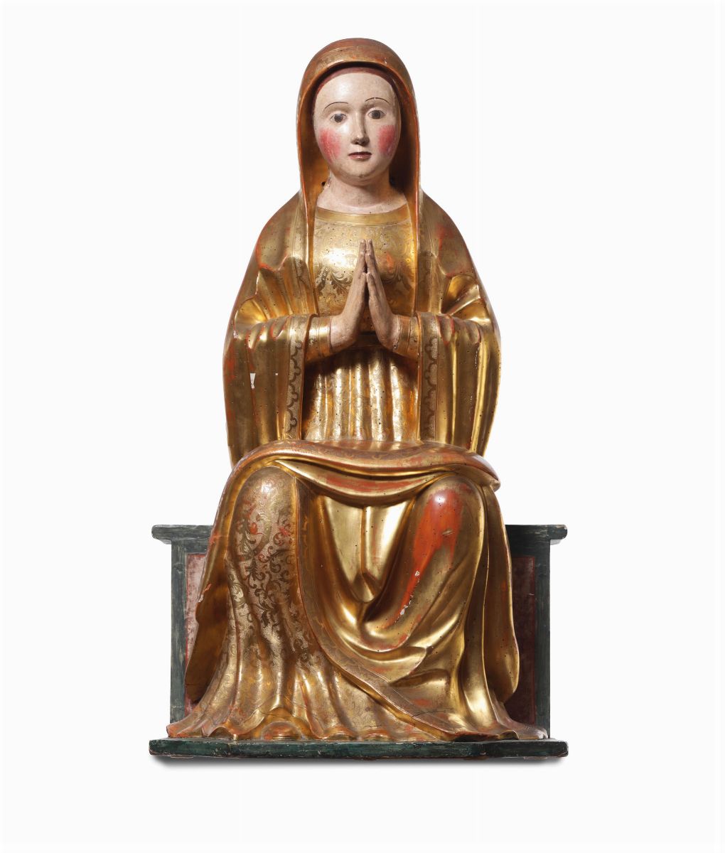 Madonna Orante in Legno Dipinto e Dorato. Scultore Veronese del XVI Secolo