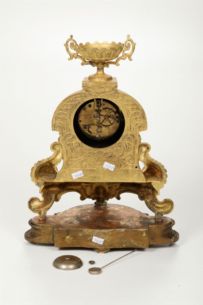 Pendola da Tavolo in Bronzo Dorato con Base in Legno, Francia, Lyon, Fine XIX Secolo