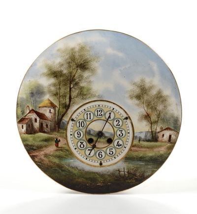 Orologio da Parete con Piatto in Porcellana Dipinta in Policromia con Paesaggio, Inizio XX Secolo
