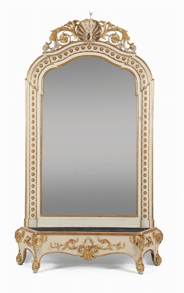 Fioriera con specchiera in legno intagliato, laccato e dorato, XVIII-XIX secolo