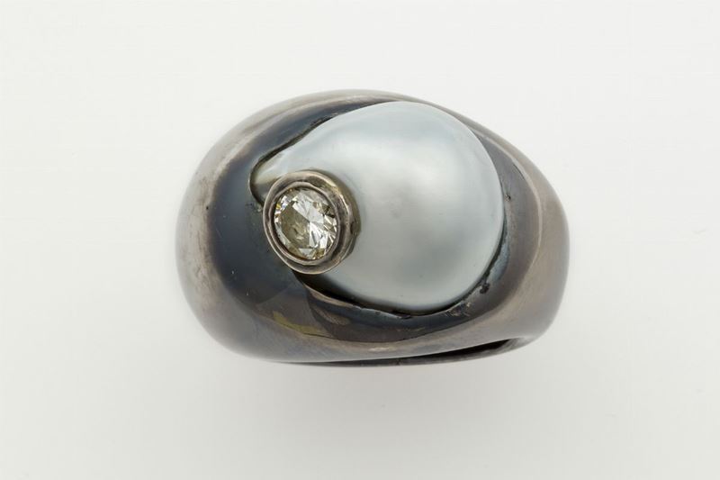 Anello con perla scaramazza e diamante  - Auction Jewels - Timed Auction - Cambi Casa d'Aste