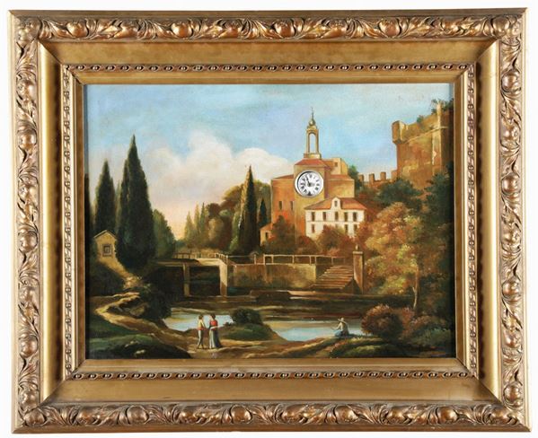 Orologio a quadro raffigurante paesaggio fluviale con figure ed architetture ad olio, XIX secolo