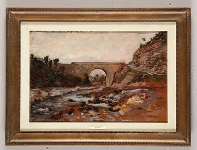 Pittore del XIX-XX Secolopaesaggio con Ponte