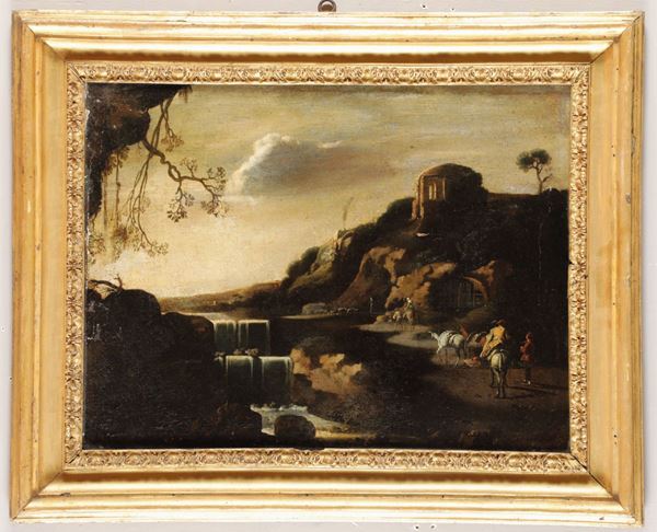 Scuola del XVIII secolo Paesaggio fluviale con figure