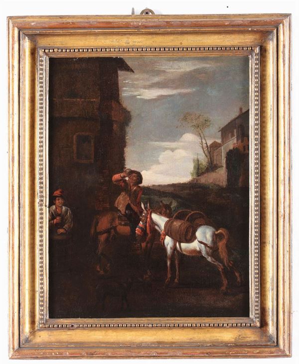 Pieter Van Laer detto il Bamboccio (Harlem, 1599-1642), ambito di Esterno di locanda