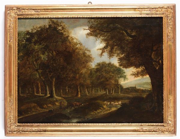 Jacob van Strij (1756-1815) Paesaggio boscoso con pastore e animali