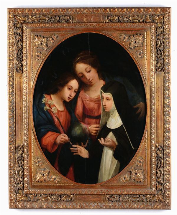 Scuola Italiana del XVII secolo Santa Chiara con Cristo e la Vergine