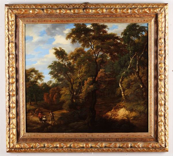 Jacques D'Arthois (Bruxelles 1613 - 1686) Paesaggio boscoso con cacciatori e viandanti