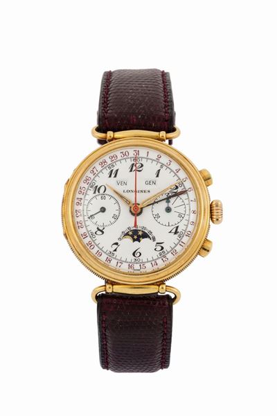 Longines, Cassa No. 11600301. Orologio da Polso, Cronografo in Oro Giallo 18k, Anse Mobili, con F...