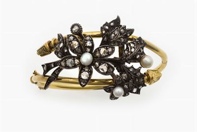 Chiappe. Bracciale Rigido con Perle e Diamanti Taglio a Rosa